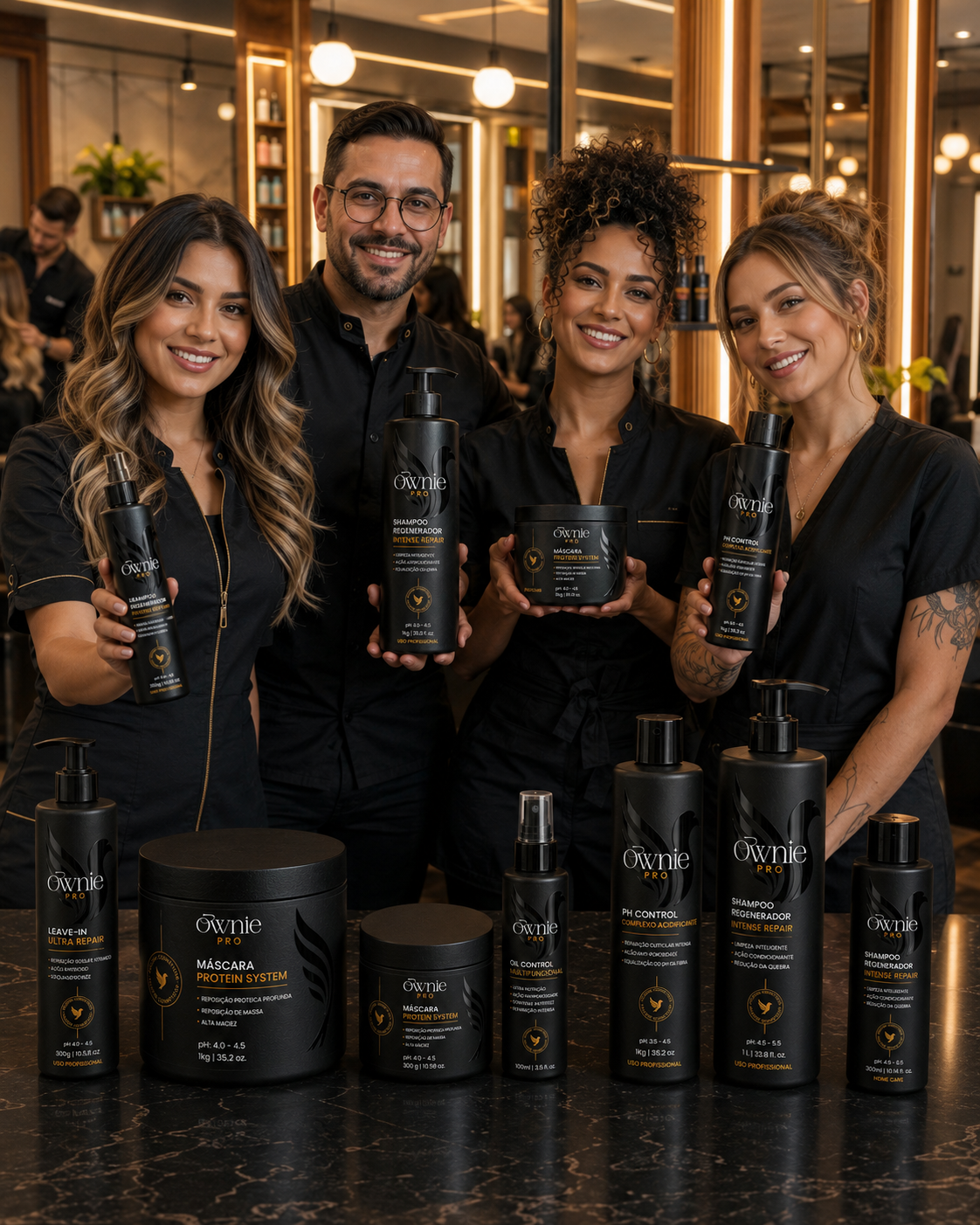 Equipe de profissionais com a linha Ownie Pro no salão