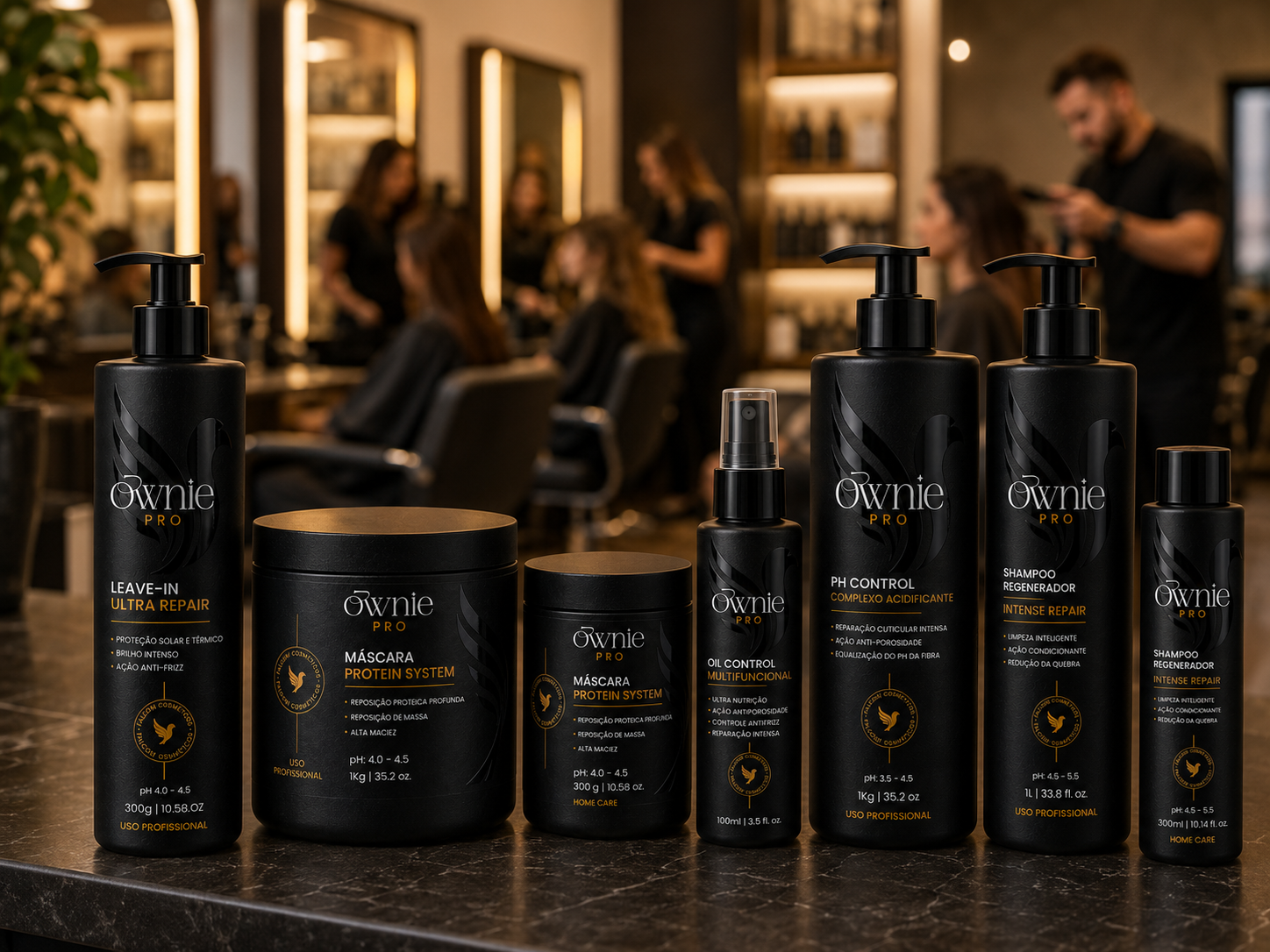 Linha Ownie Pro completa sobre a bancada de um salão em atendimento
